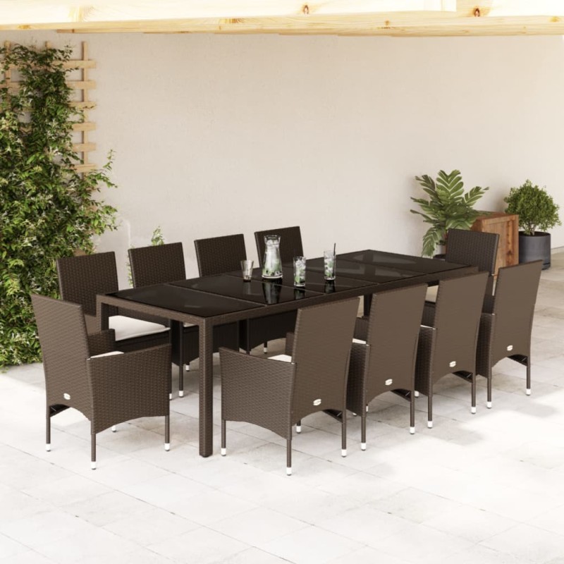 vidaXL Set comedor jardín 11 pzas con cojines ratán PE vidrio marrón vidaXL Set comedor jardín 11 pzas con cojines ratán PE vidrio marrón