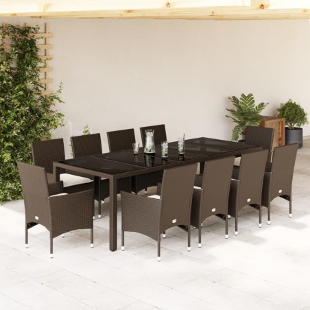 vidaXL Set comedor jardín 11 pzas con cojines ratán PE vidrio marrón