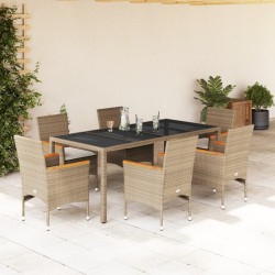 vidaXL Set comedor jardín 7 pzas cojines ratán sintético vidrio beige