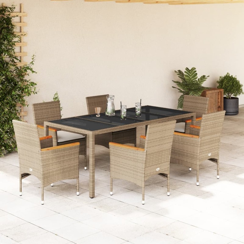 vidaXL Set comedor jardín 7 pzas cojines ratán sintético vidrio beige vidaXL Set comedor jardín 7 pzas cojines ratán sintético vidrio beige