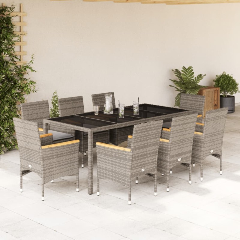 vidaXL Set comedor jardín 9 pzas y cojines ratán sintético vidrio gris vidaXL Set comedor jardín 9 pzas y cojines ratán sintético vidrio gris