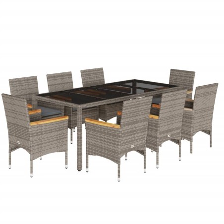 vidaXL Set comedor jardín 9 pzas y cojines ratán sintético vidrio gris