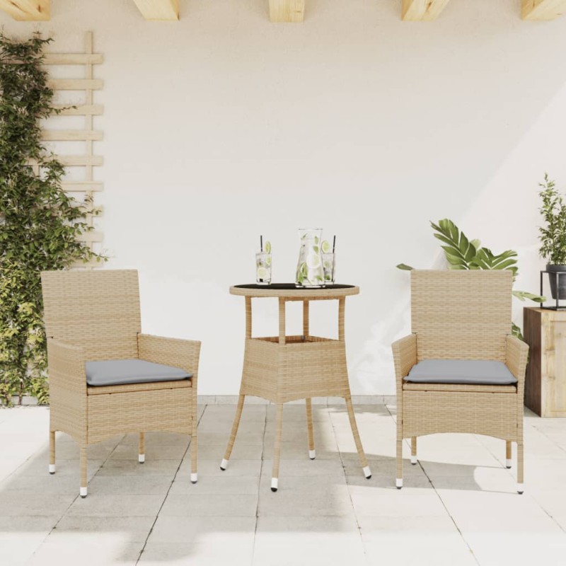 vidaXL Set comedor jardín 3 pzas cojines ratán sintético vidrio beige vidaXL Set comedor jardín 3 pzas cojines ratán sintético vidrio beige
