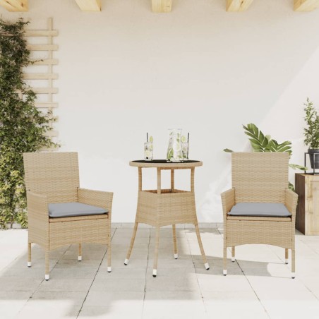 vidaXL Set comedor jardín 3 pzas cojines ratán sintético vidrio beige