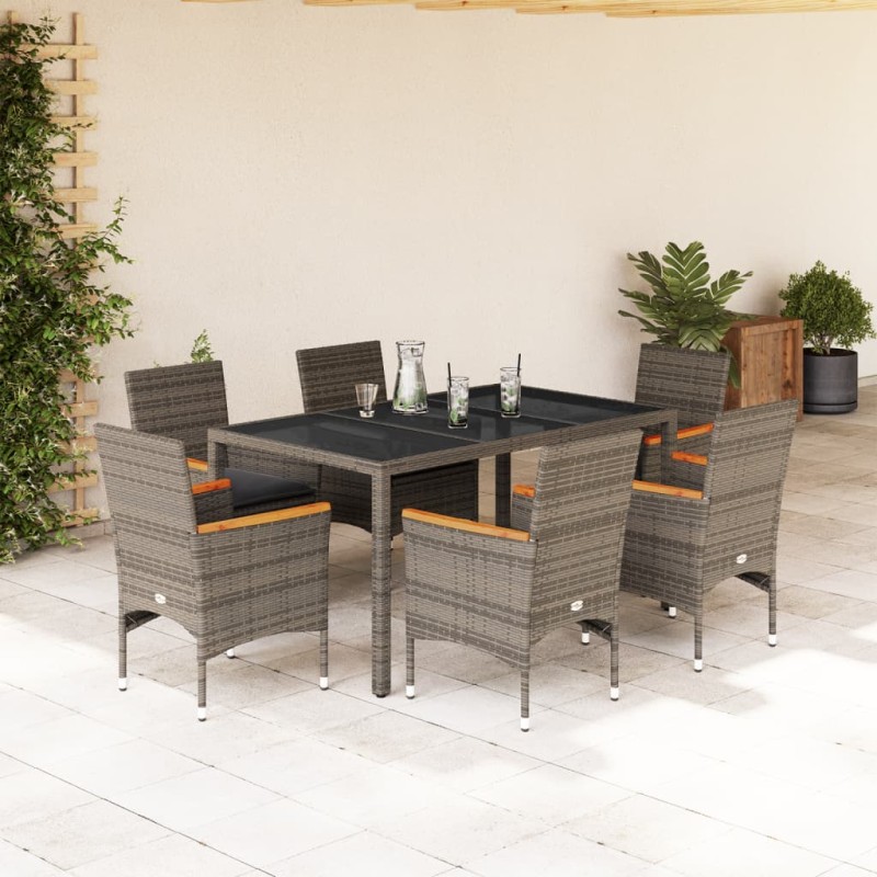 vidaXL Set comedor jardín 7 pzas y cojines ratán sintético vidrio gris vidaXL Set comedor jardín 7 pzas y cojines ratán sintético vidrio gris