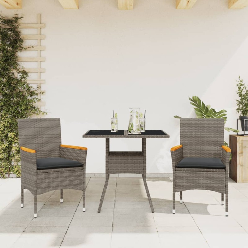 vidaXL Set comedor jardín 3 pzas y cojines ratán sintético vidrio gris vidaXL Set comedor jardín 3 pzas y cojines ratán sintético vidrio gris