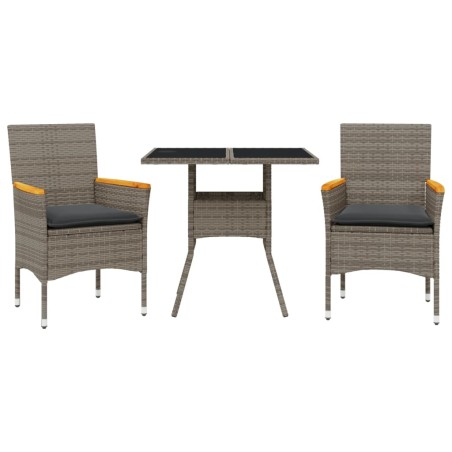 vidaXL Set comedor jardín 3 pzas y cojines ratán sintético vidrio gris