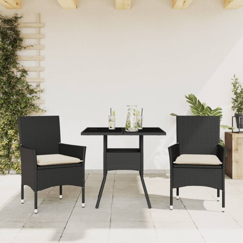 vidaXL Set comedor jardín 3 pzas cojines ratán sintético vidrio negro vidaXL Set comedor jardín 3 pzas cojines ratán sintético vidrio negro