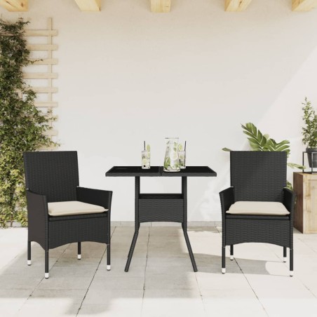 vidaXL Set comedor jardín 3 pzas cojines ratán sintético vidrio negro