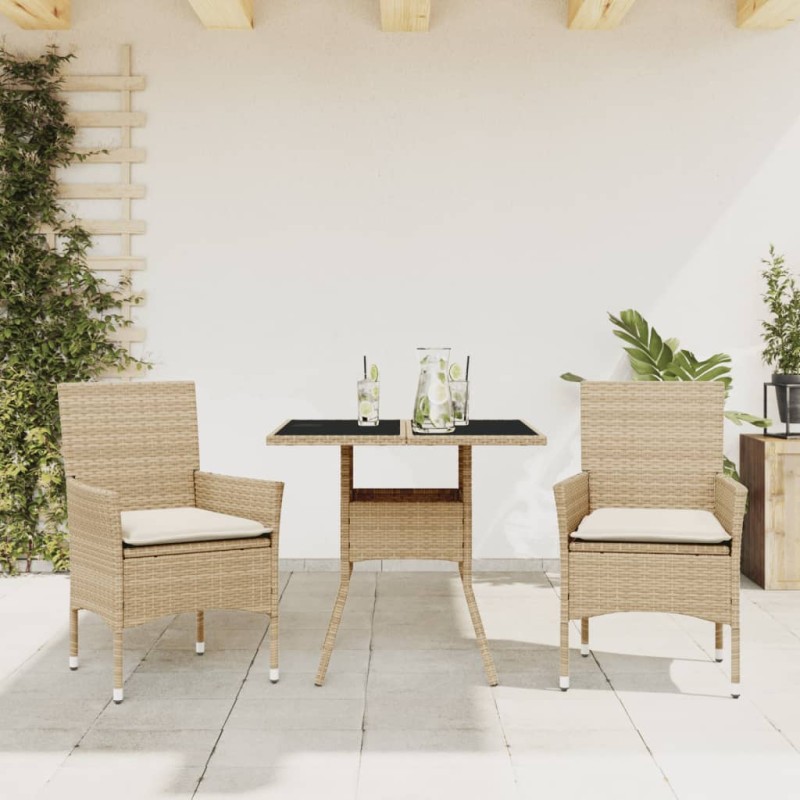 vidaXL Set comedor jardín 3 pzas cojines ratán sintético vidrio beige vidaXL Set comedor jardín 3 pzas cojines ratán sintético vidrio beige