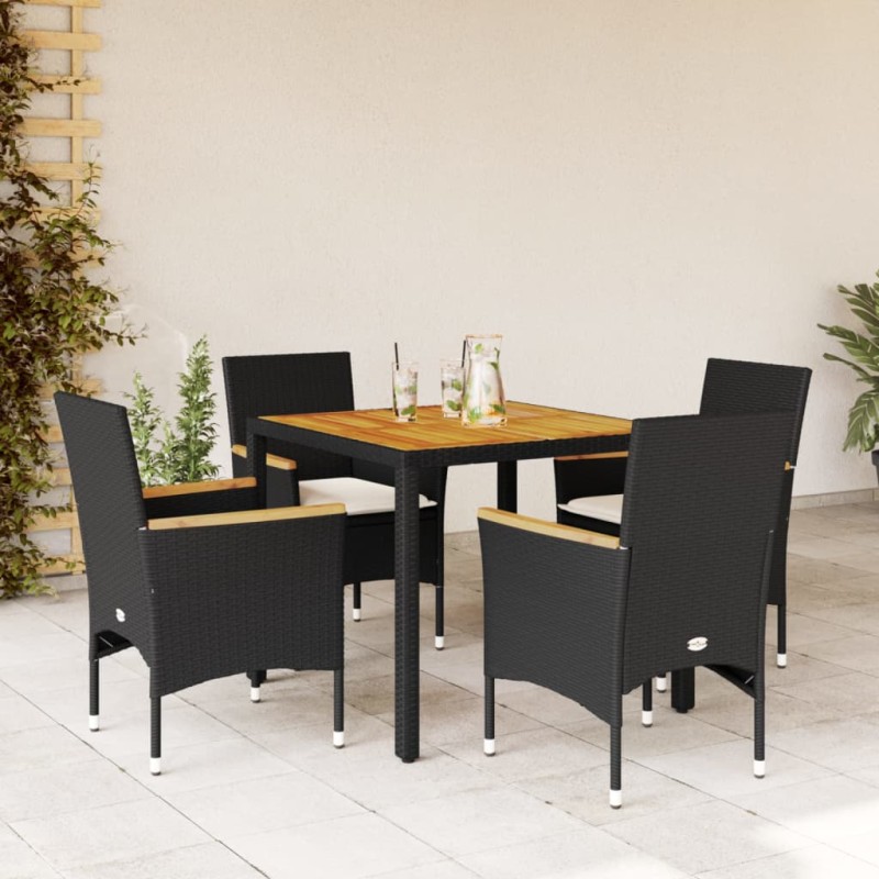 vidaXL Set de comedor jardín 5 pzas con cojines ratán PE acacia negro vidaXL Set de comedor jardín 5 pzas con cojines ratán PE acacia negro