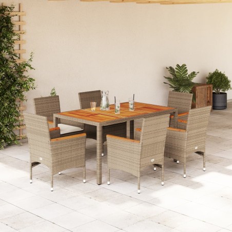 vidaXL Set de comedor jardín 7 pzas con cojines ratán PE acacia beige