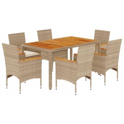vidaXL Set de comedor jardín 7 pzas con cojines ratán PE acacia beige