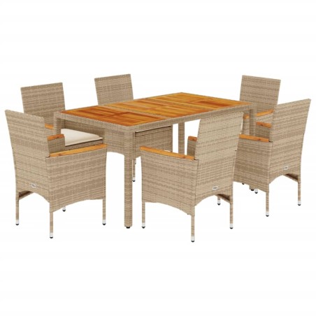 vidaXL Set de comedor jardín 7 pzas con cojines ratán PE acacia beige