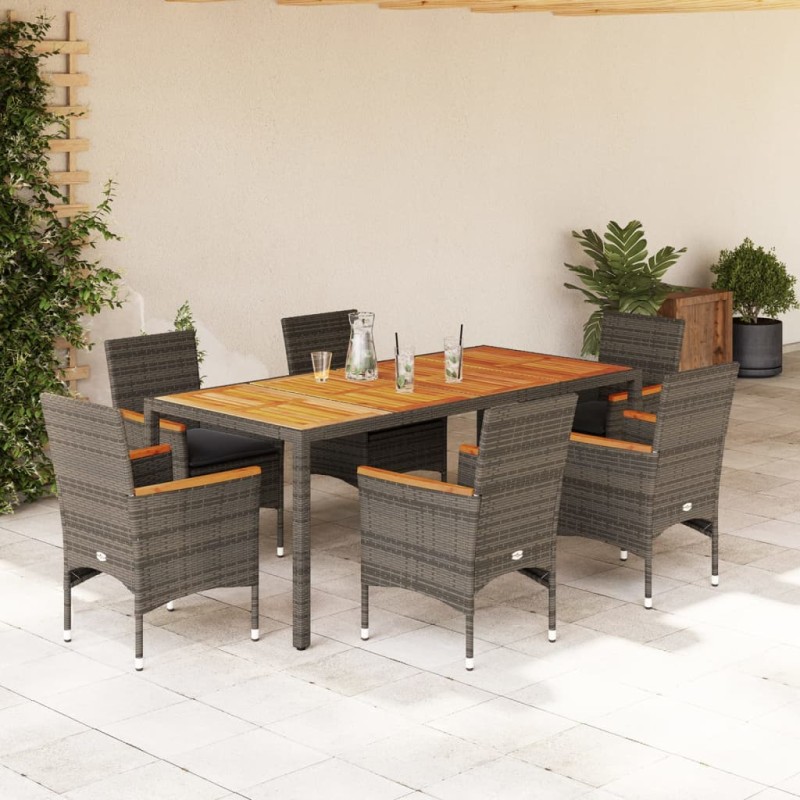 vidaXL Set de comedor jardín 7 pzas con cojines ratán PE acacia gris vidaXL Set de comedor jardín 7 pzas con cojines ratán PE acacia gris