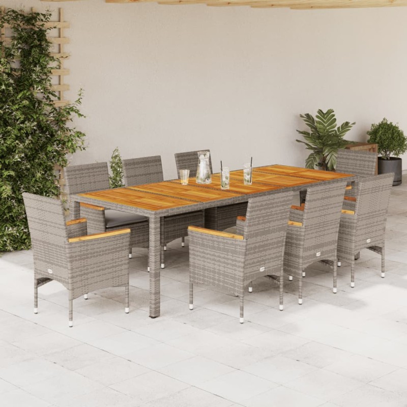 vidaXL Set de comedor jardín 9 pzas con cojines ratán PE acacia gris vidaXL Set de comedor jardín 9 pzas con cojines ratán PE acacia gris