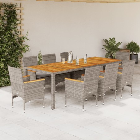 vidaXL Set de comedor jardín 9 pzas con cojines ratán PE acacia gris