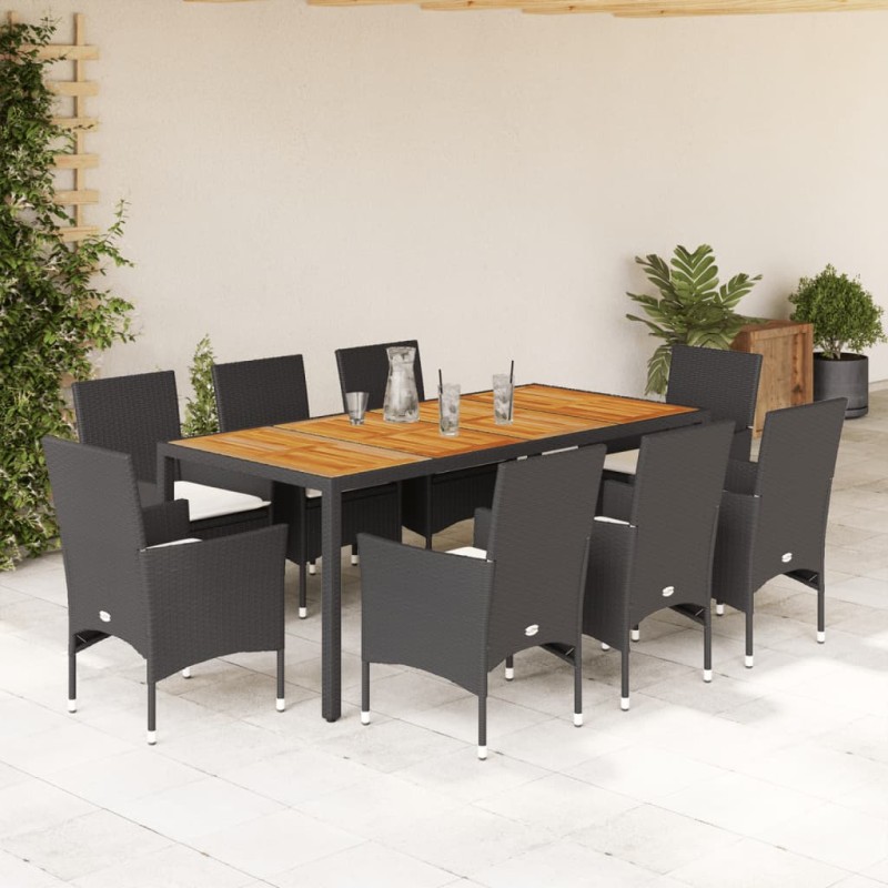vidaXL Set de comedor jardín 9 pzas con cojines ratán PE acacia negro vidaXL Set de comedor jardín 9 pzas con cojines ratán PE acacia negro