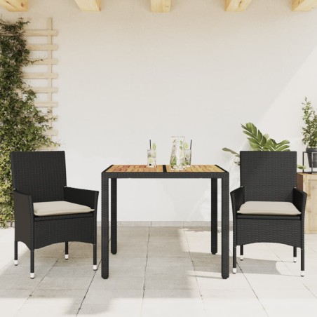 vidaXL Set de comedor jardín 3 pzas con cojines ratán PE acacia negro