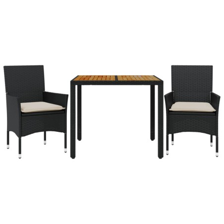 vidaXL Set de comedor jardín 3 pzas con cojines ratán PE acacia negro