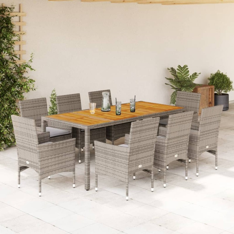vidaXL Set de comedor jardín 9 pzas con cojines ratán PE acacia gris vidaXL Set de comedor jardín 9 pzas con cojines ratán PE acacia gris