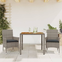 vidaXL Set de comedor jardín 3 pzas con cojines ratán PE acacia gris
