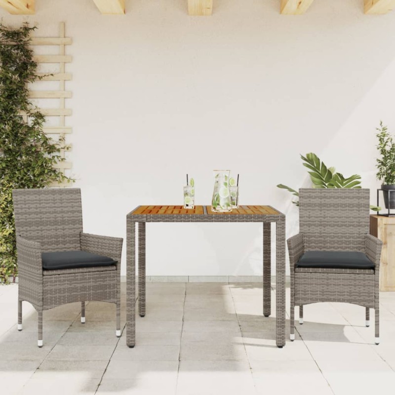 vidaXL Set de comedor jardín 3 pzas con cojines ratán PE acacia gris vidaXL Set de comedor jardín 3 pzas con cojines ratán PE acacia gris
