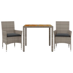 vidaXL Set de comedor jardín 3 pzas con cojines ratán PE acacia gris
