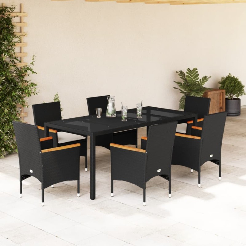 vidaXL Set comedor jardín 7 pzas cojines ratán sintético vidrio negro