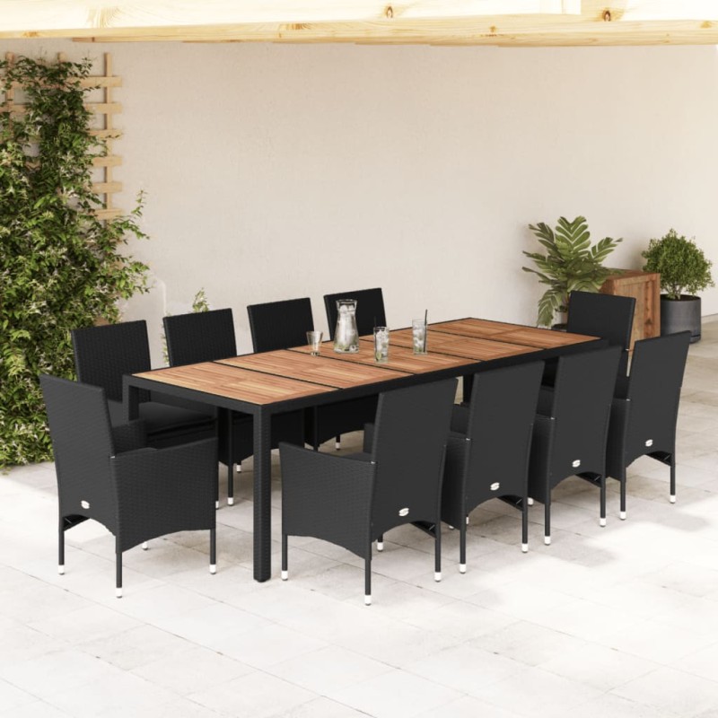 vidaXL Set comedor jardín 11 pzas cojines ratán sintético acacia negro vidaXL Set comedor jardín 11 pzas cojines ratán sintético acacia negro