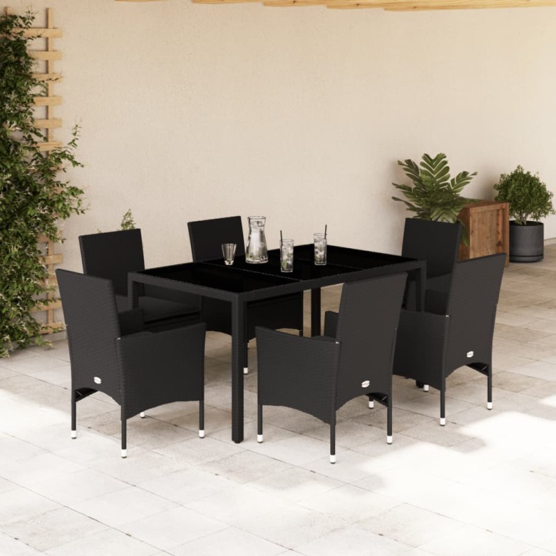 vidaXL Set comedor jardín 7 pzas cojines ratán sintético vidrio negro vidaXL Set comedor jardín 7 pzas cojines ratán sintético vidrio negro