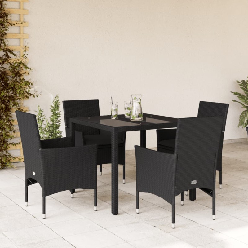 vidaXL Set comedor jardín 5 pzas cojines ratán sintético vidrio negro vidaXL Set comedor jardín 5 pzas cojines ratán sintético vidrio negro