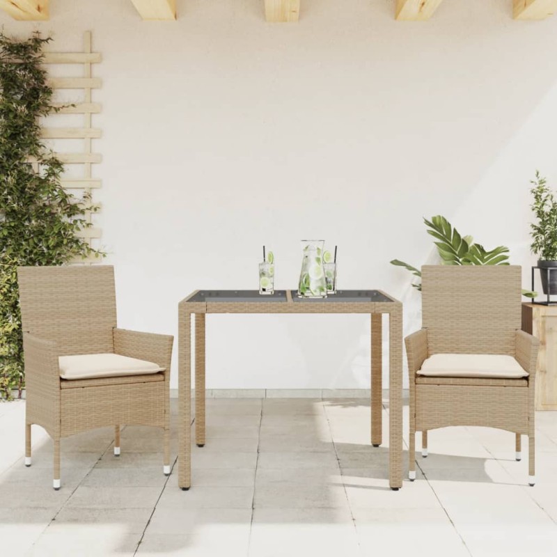 vidaXL Set comedor jardín 3 pzas cojines ratán sintético vidrio beige vidaXL Set comedor jardín 3 pzas cojines ratán sintético vidrio beige