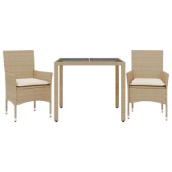 vidaXL Set comedor jardín 3 pzas cojines ratán sintético vidrio beige