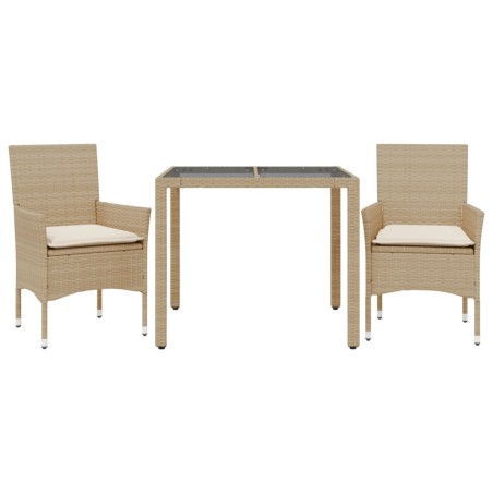 vidaXL Set comedor jardín 3 pzas cojines ratán sintético vidrio beige