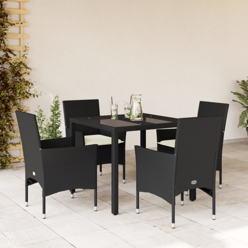 vidaXL Set comedor jardín 5 pzas cojines ratán sintético vidrio negro vidaXL Set comedor jardín 5 pzas cojines ratán sintético vidrio negro