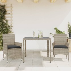 vidaXL Set comedor jardín 3 pzas y cojines ratán PE vidrio gris claro