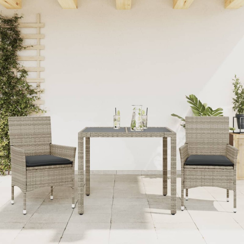 vidaXL Set comedor jardín 3 pzas y cojines ratán PE vidrio gris claro