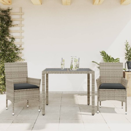 vidaXL Set comedor jardín 3 pzas y cojines ratán PE vidrio gris claro