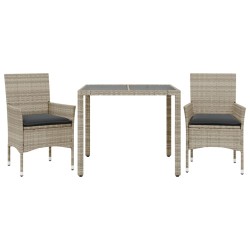 vidaXL Set comedor jardín 3 pzas y cojines ratán PE vidrio gris claro