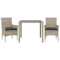 vidaXL Set comedor jardín 3 pzas y cojines ratán PE vidrio gris claro