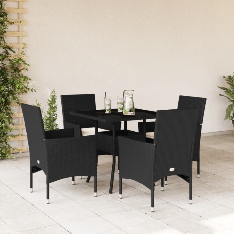 vidaXL Set comedor jardín 5 pzas cojines ratán sintético vidrio negro vidaXL Set comedor jardín 5 pzas cojines ratán sintético vidrio negro