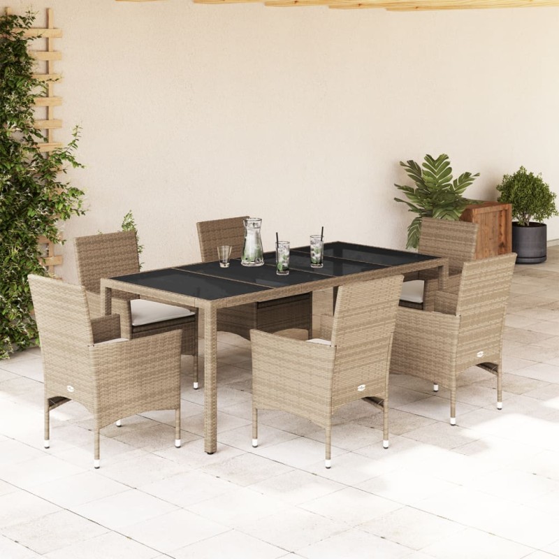 vidaXL Set comedor jardín 7 pzas cojines ratán sintético vidrio beige