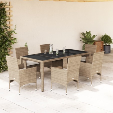 vidaXL Set comedor jardín 7 pzas cojines ratán sintético vidrio beige