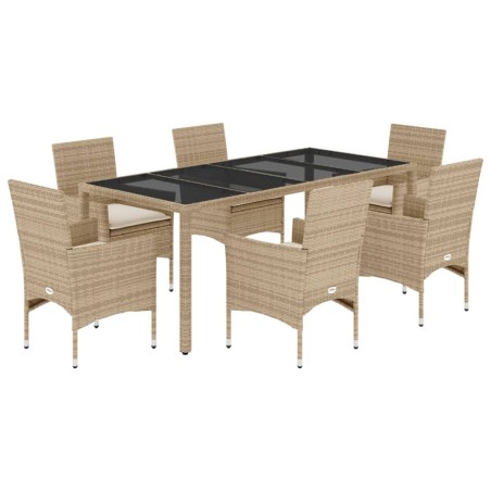 vidaXL Set comedor jardín 7 pzas cojines ratán sintético vidrio beige