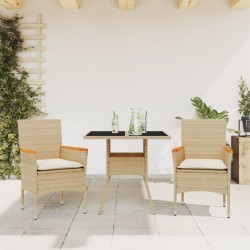 vidaXL Set comedor jardín 3 pzas cojines ratán sintético vidrio beige