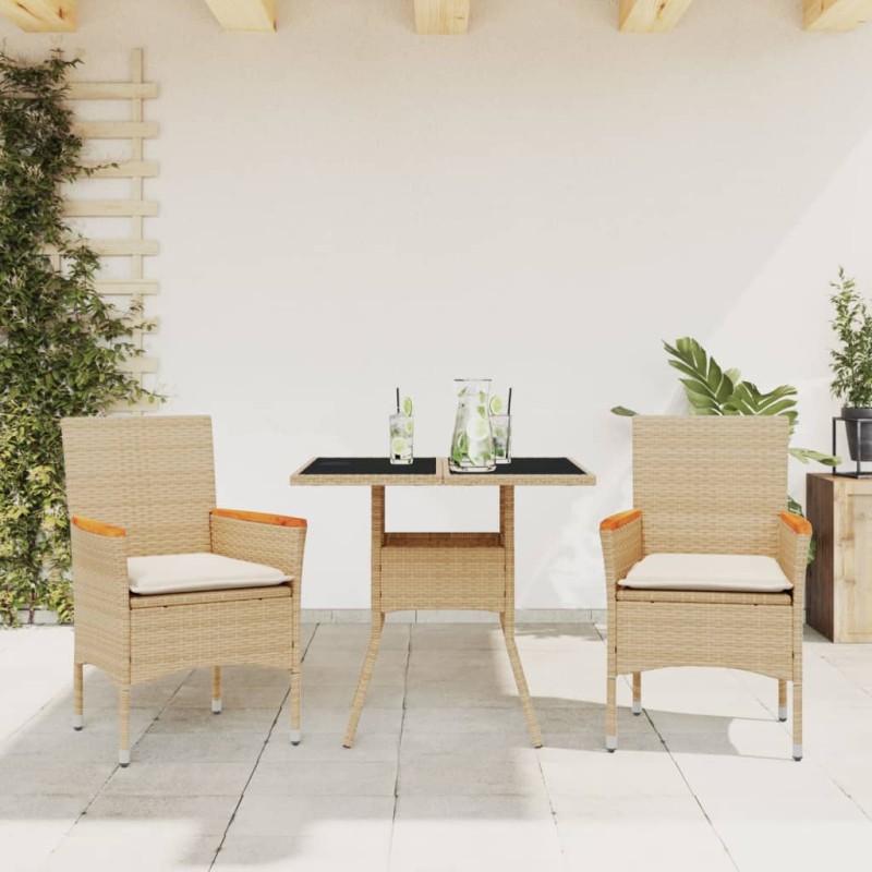 vidaXL Set comedor jardín 3 pzas cojines ratán sintético vidrio beige