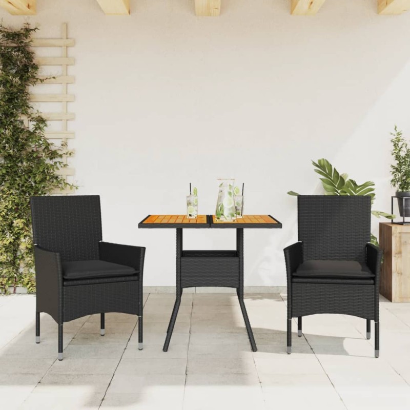 vidaXL Set de comedor jardín 3 pzas con cojines ratán PE acacia negro vidaXL Set de comedor jardín 3 pzas con cojines ratán PE acacia negro
