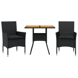 vidaXL Set de comedor jardín 3 pzas con cojines ratán PE acacia negro