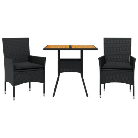 vidaXL Set de comedor jardín 3 pzas con cojines ratán PE acacia negro